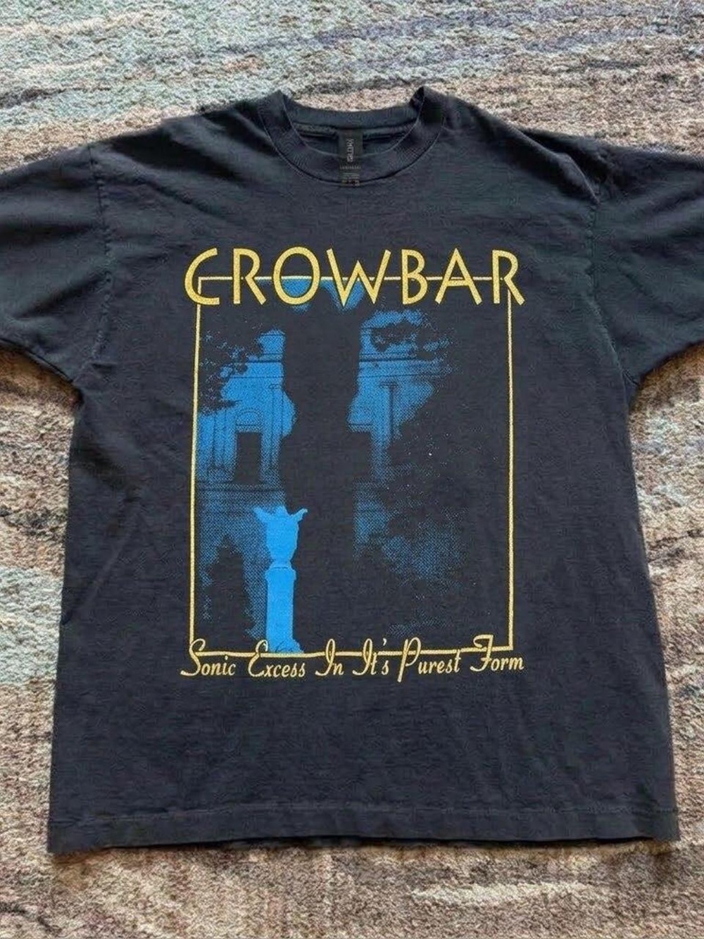 Gildan Black Crowbar Graphic Tee with Blue and Gold Print